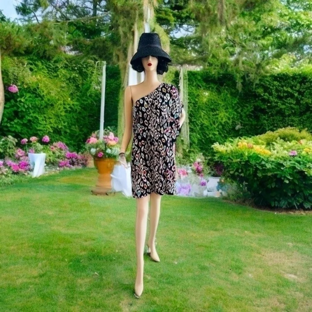 NICOLE MILLER Black One Shoulder Ruffle Bodycon Dress Sz M Multicolor Spotted VG - Picture 3 of 9